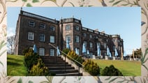 Nidd Hall, a Warner Hotel. The border depicts a beautiful wallpaper found within the hotel.